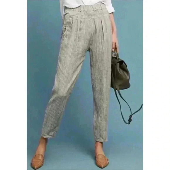 By Anthropologie Pants Womens Large Green Stripe 100% Linen Pull On Ankle Crop - Picture 1 of 10